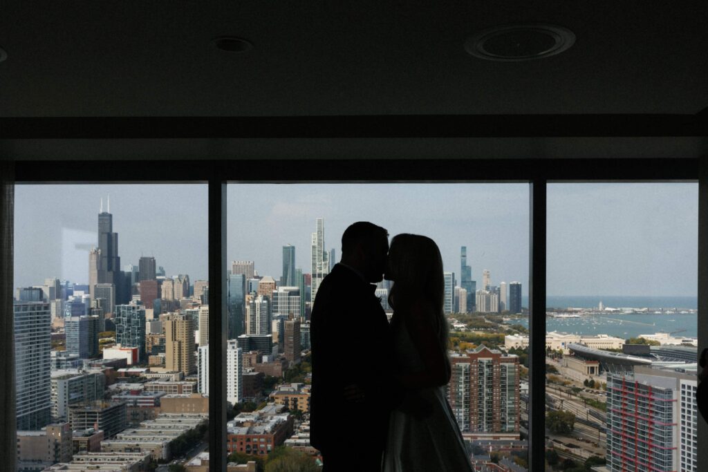 Bride and groom first look wedding photos at their Chicago hotel.