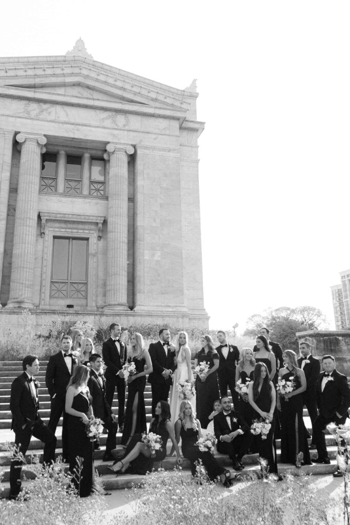 Wedding party photos at Museum Campus in Chicago, near Lake Michigan.