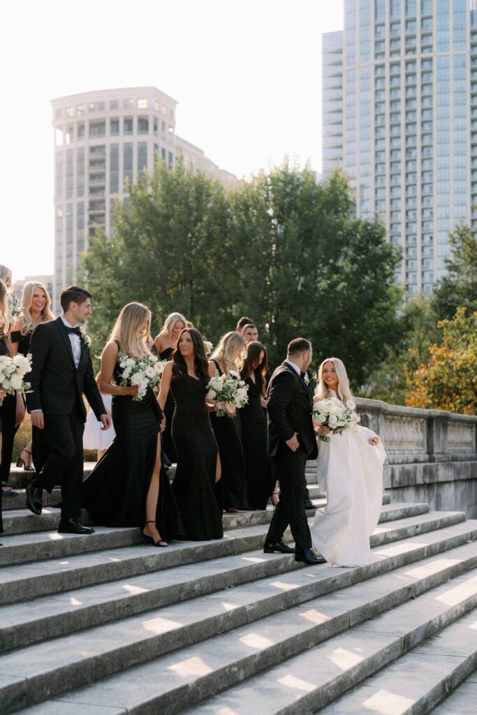 Wedding party photos at Museum Campus in Chicago, near the Lake Michigan.