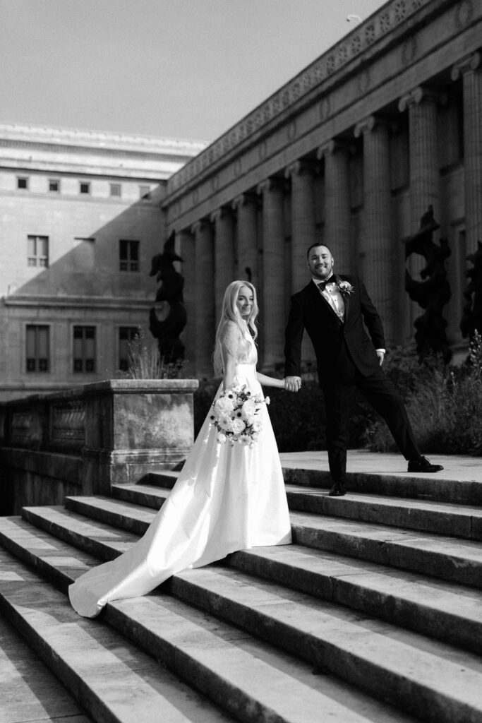 Bride and groom editorial photos outside the Field Museum in Chicago, near the Bridgeport Art Center.