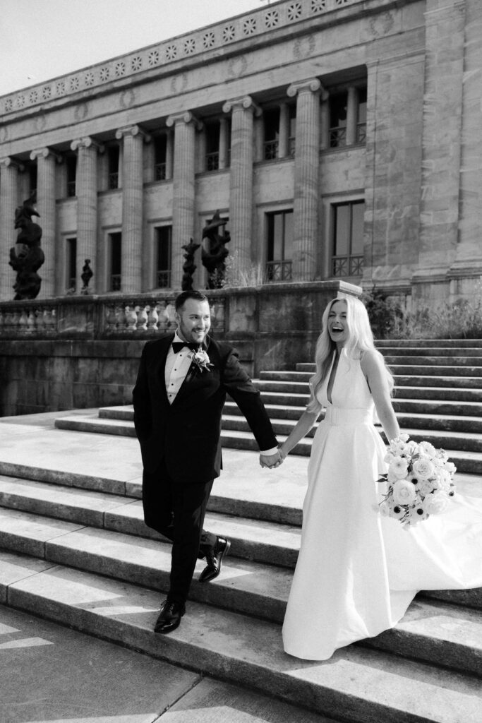 Bride and groom editorial photos outside the Field Museum in Chicago, near the Bridgeport Art Center.