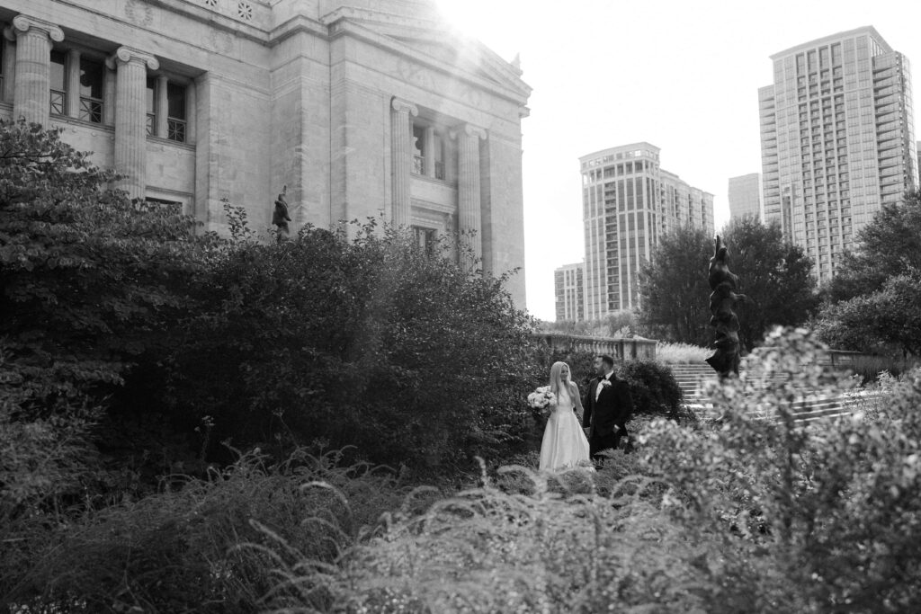 Bride and groom editorial photos outside the Field Museum in Chicago, near the Bridgeport Art Center.