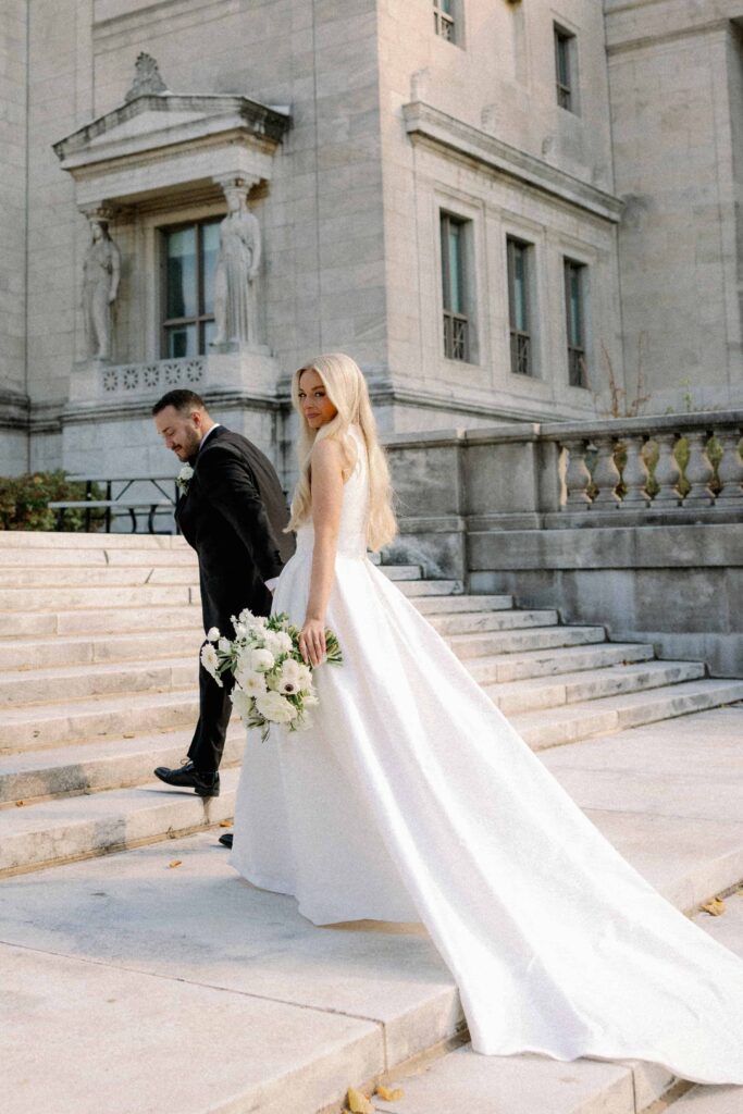 Bride and groom photos outside the Field Museum in Chicago, near the Bridgeport Art Center.