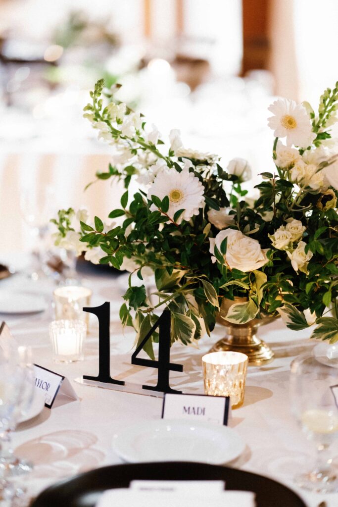 Table decorations at Bridgeport Art Center wedding reception.