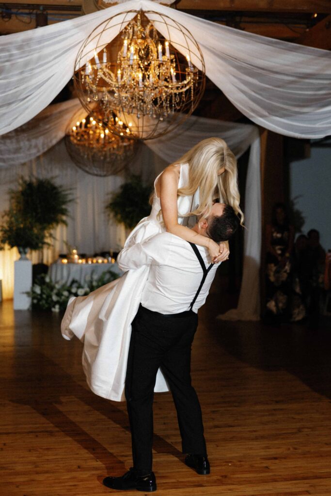 Bride and groom dancing at their wedding reception at Bridgeport Art Center.