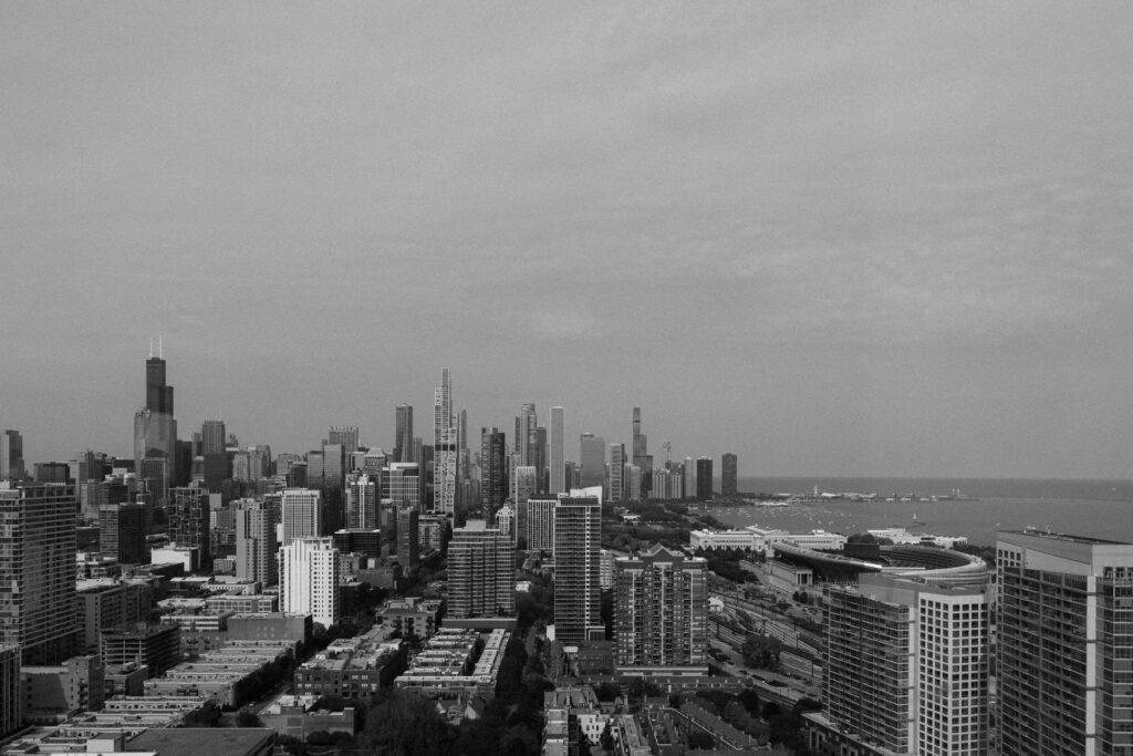 The Chicago skyline as featured at the Skyline Loft in the luxury wedding venue the Bridgeport Art Center.