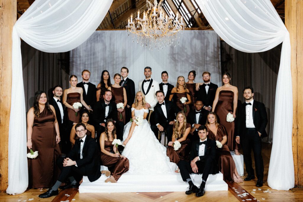 Vogue inspired editorial group photo during a luxury Chicago wedding at Bridgeport Art Center.