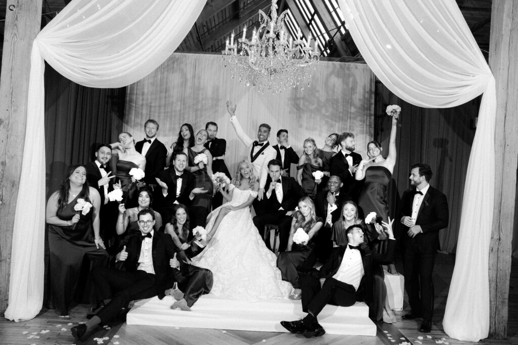 Vogue inspired editorial group photo during a luxury Chicago wedding at Bridgeport Art Center.