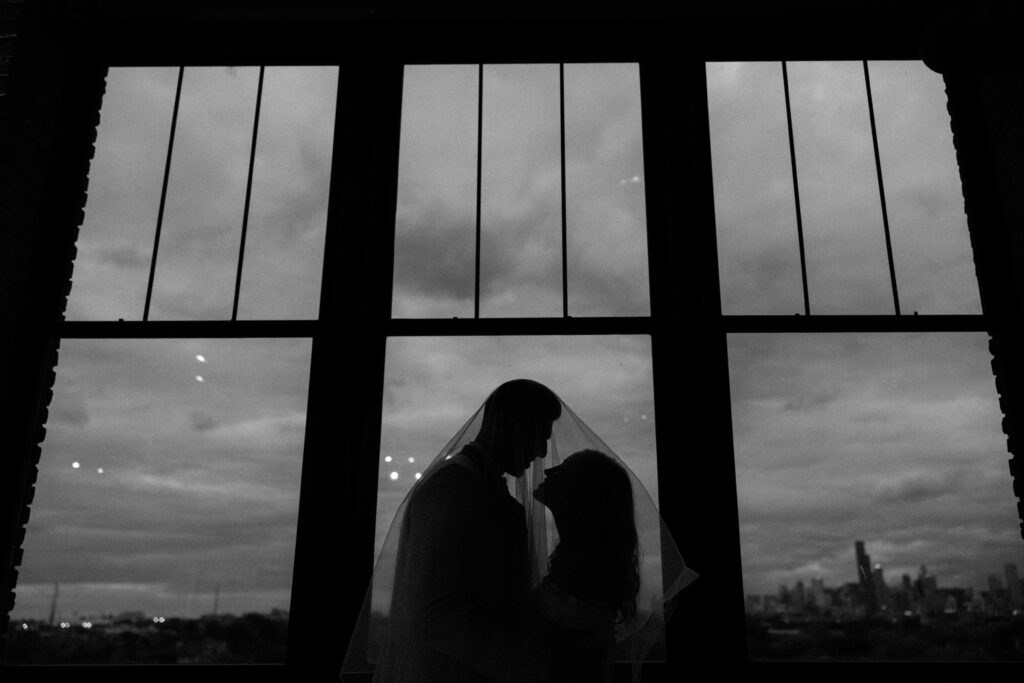 Bride and groom creative editorial portraits during the luxury wedding in Chicago.