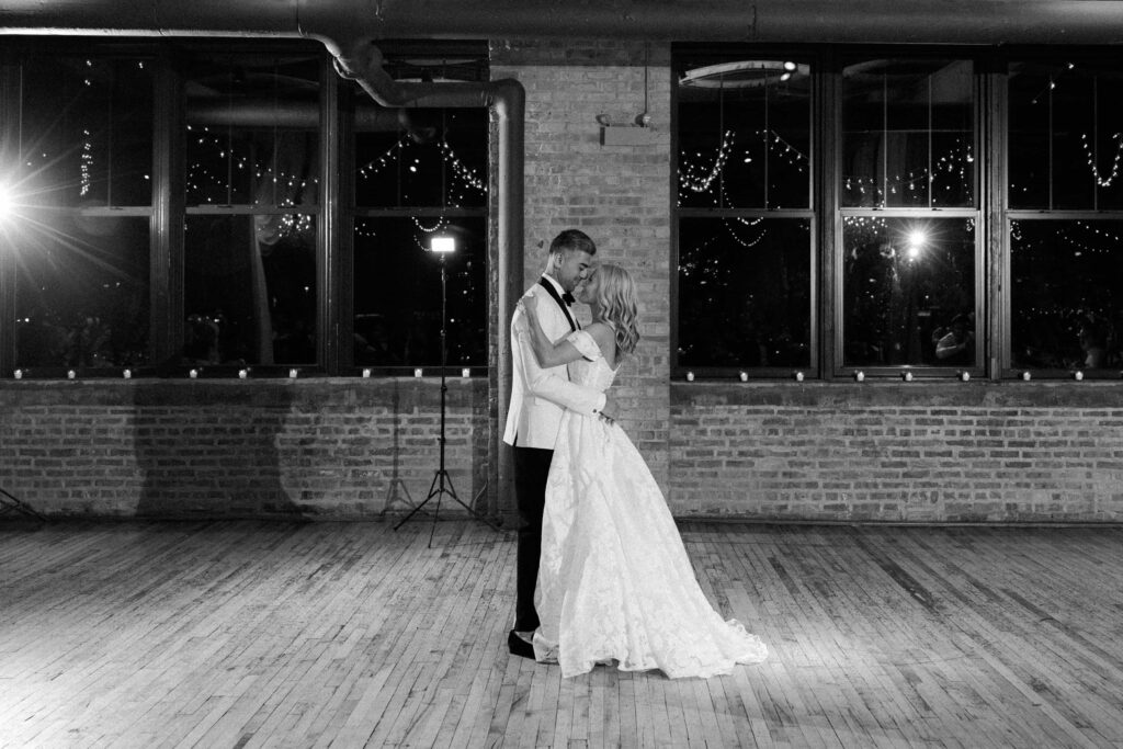 Bride and groom enjoying their first dance at their wedding reception at the Bridgeport Art Center.