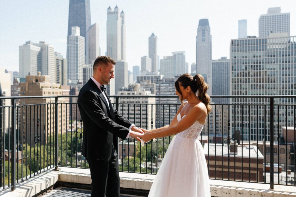 Bride and groom's first look before their Chicago wedding at Bridgeport Art Center.