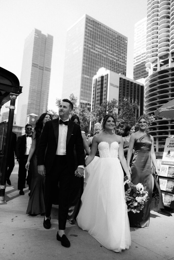 Black and white wedding party portraits in the streets of Chicago.