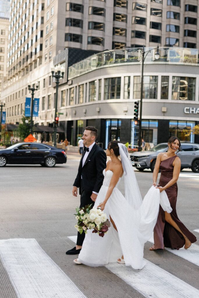 Wedding party portraits in the streets of Chicago.