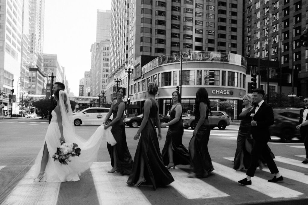 Wedding party portraits in the streets of Chicago.