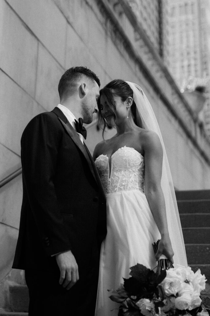 Editorial wedding portraits with the bride and groom in Chicago.