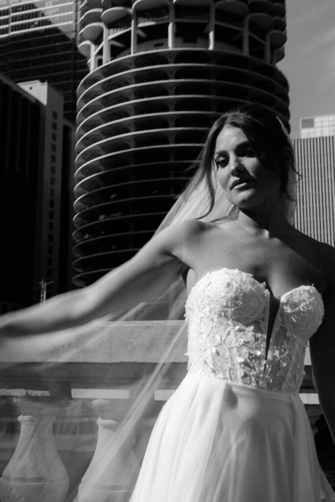 Stunning black and white bridal portraits with the bride and groom in Chicago.