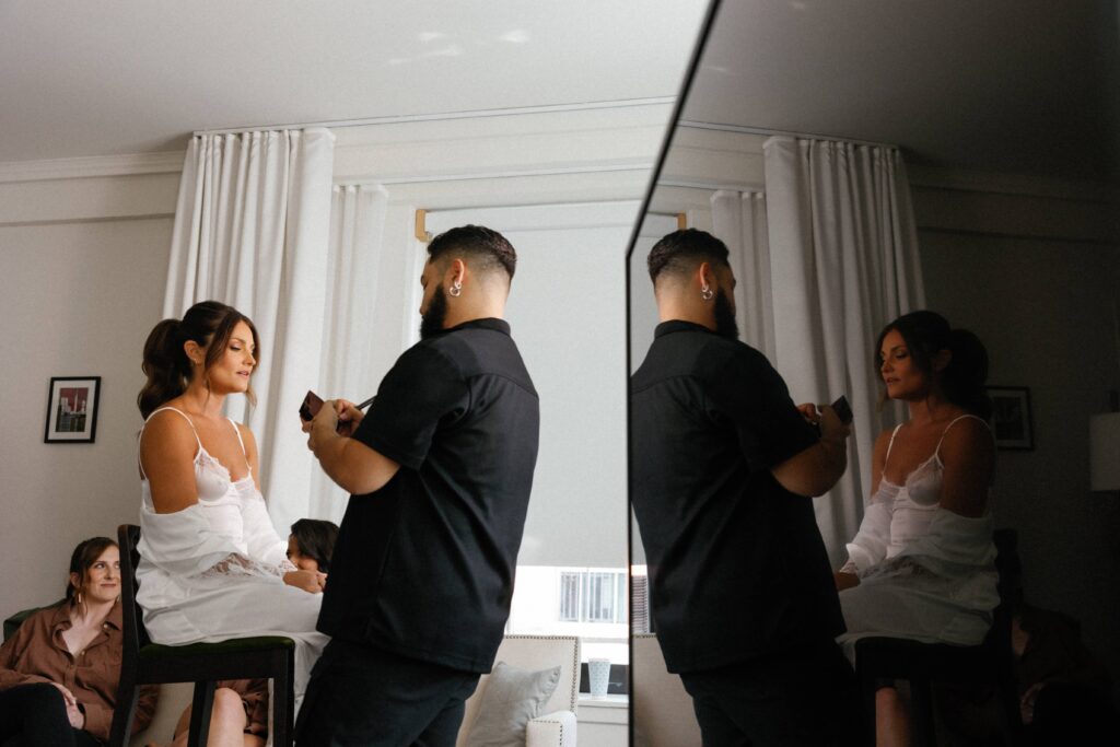 Bride getting ready at her Bridgeport Art Center wedding.