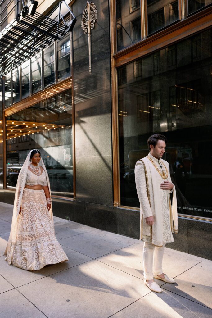 Bride and groom first look in downtown Chicago before their Indian wedding.