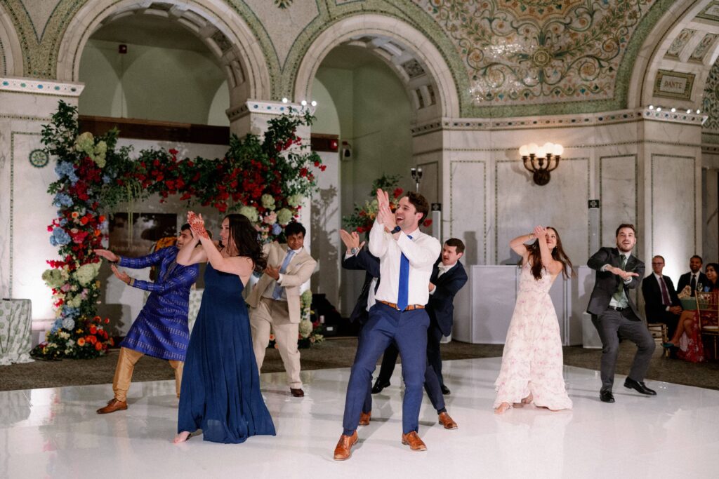 Bride and groom dancing during their wedding reception at the Chicago Cultural Center.