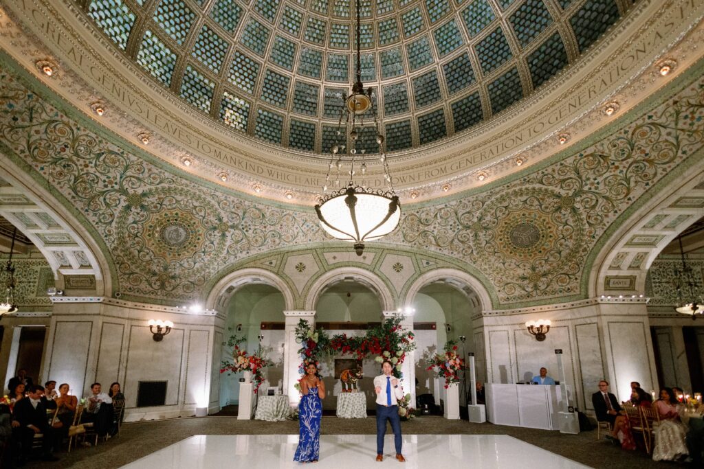 Bride and groom dancing during their wedding reception at the Chicago Cultural Center.