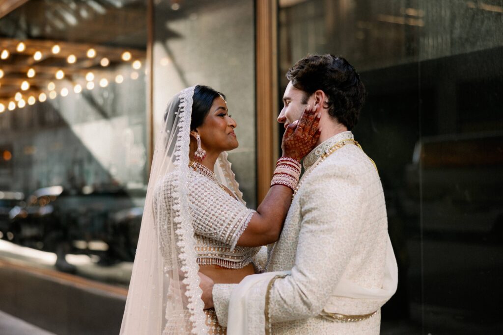 Bride and groom downtown Chicago portraits outside Chicago Cultural Center.