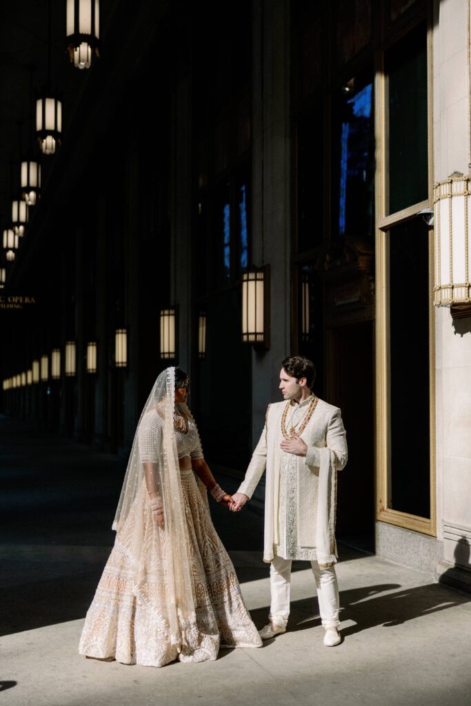 Bride and groom portraits outside Chicago Cultural Center before their wedding.