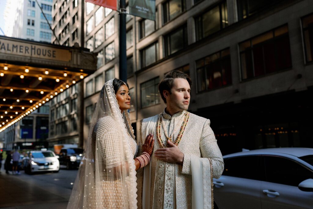 Bride and groom downtown Chicago portraits outside Chicago Cultural Center near the Palmer House Hilton.