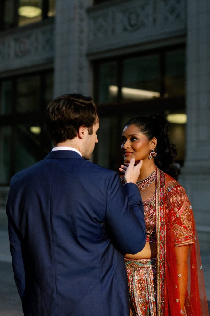 Bride and groom portraits outside the Chicago Cultural Center.