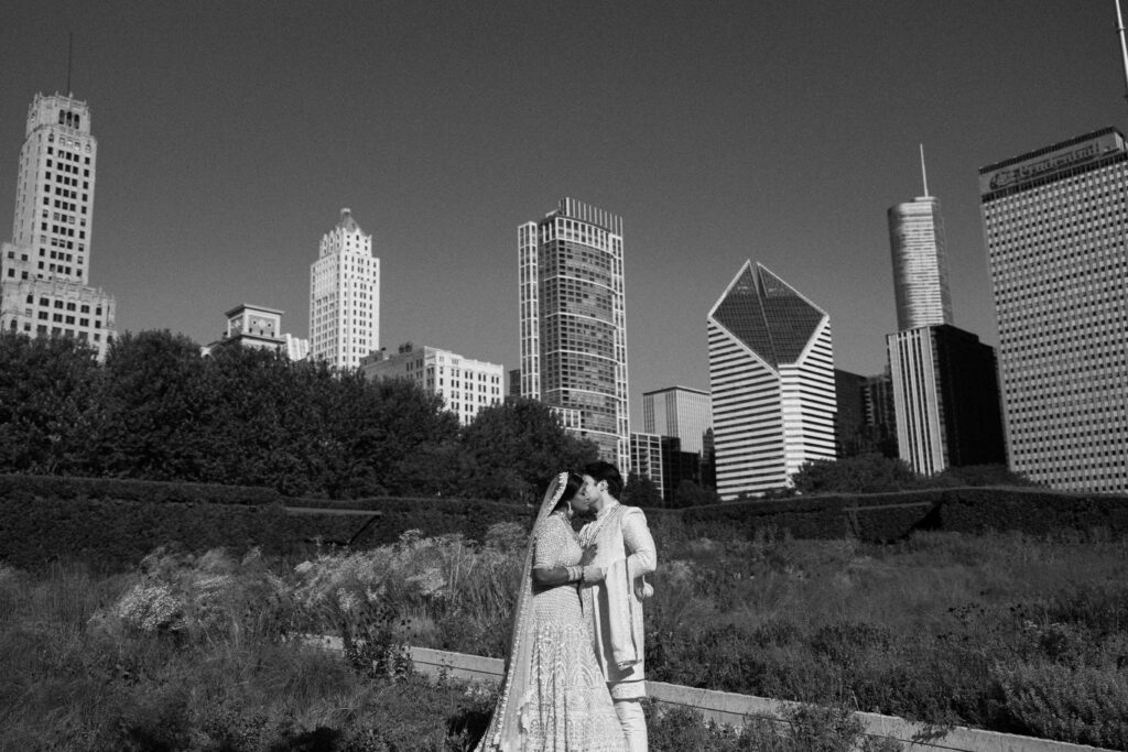 Bride and groom downtown Chicago portraits outside Chicago Cultural Center before their wedding.