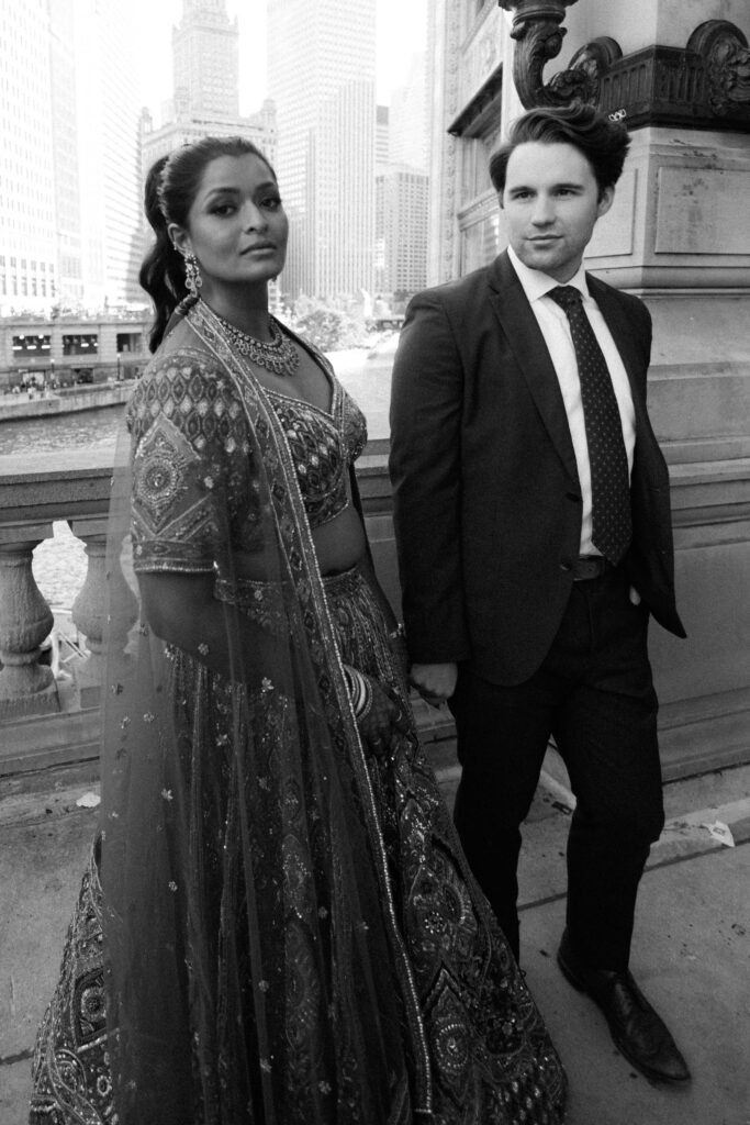 Bride and groom portraits outside the Chicago Cultural Center.