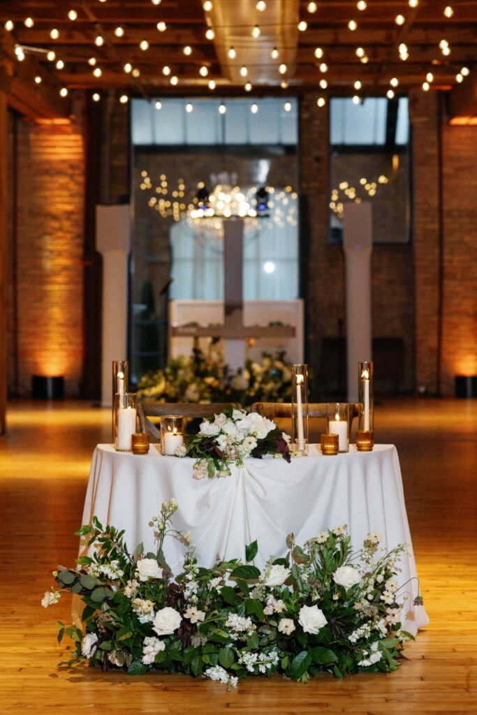 Wedding reception details at Bridgeport Art Center in the Skyline Loft.