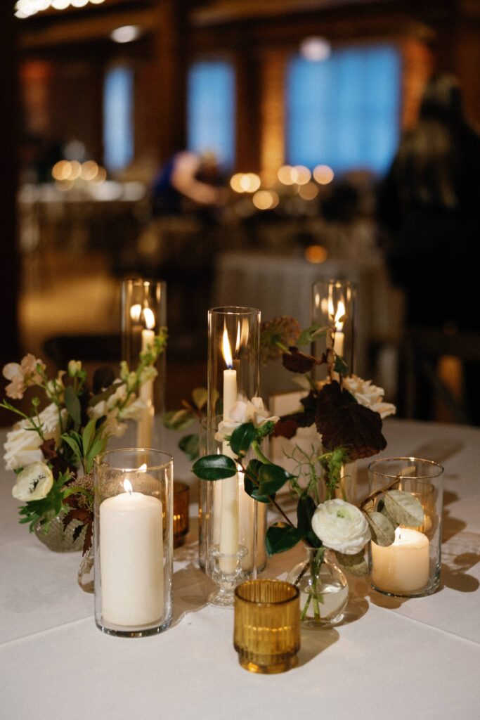 Wedding reception details at Bridgeport Art Center in the Skyline Loft.