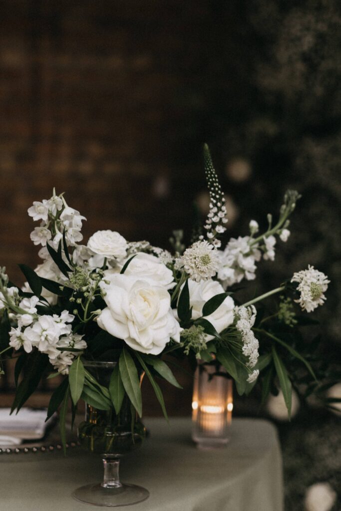 Floral decor at Revel space during the wedding reception.