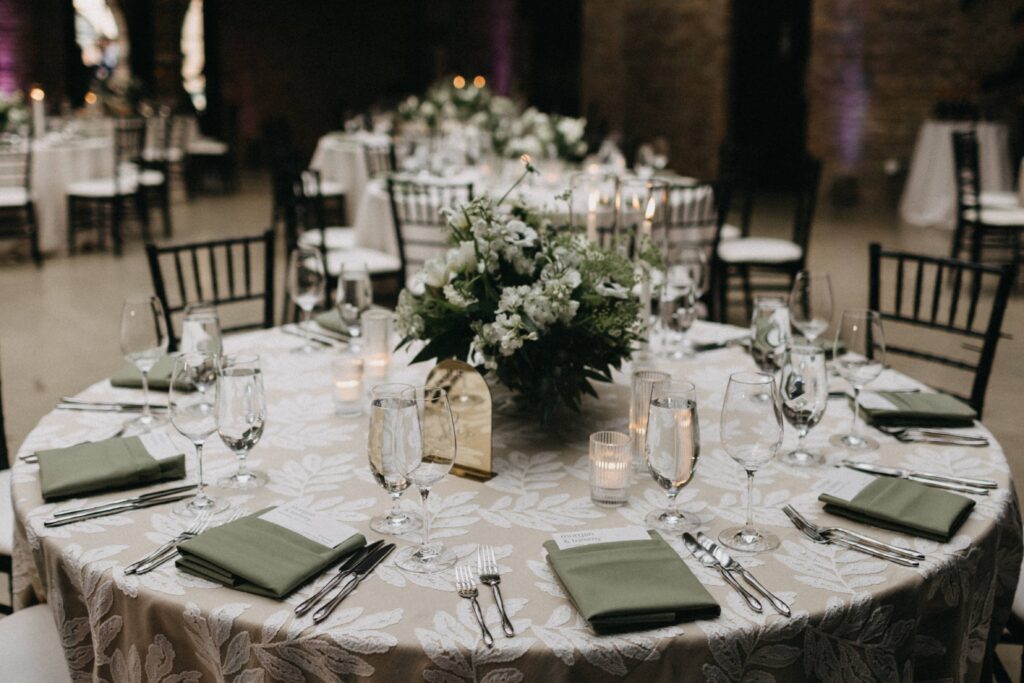 Tablescape and floral decor at a Revel Space wedding reception.