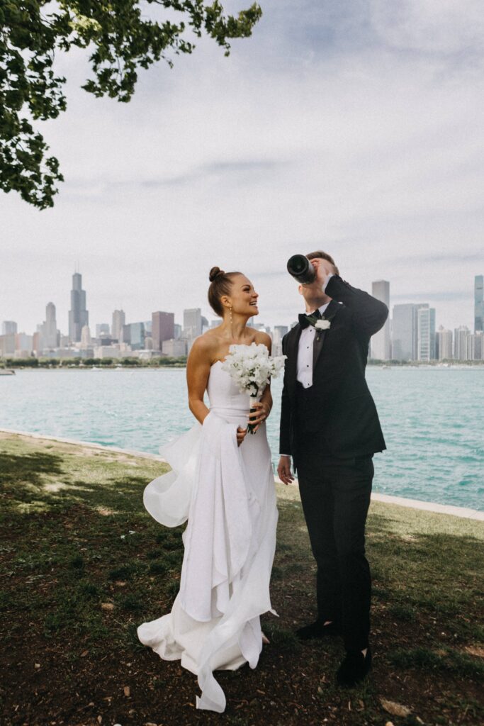 Wedding day portraits by Lake Michigan.