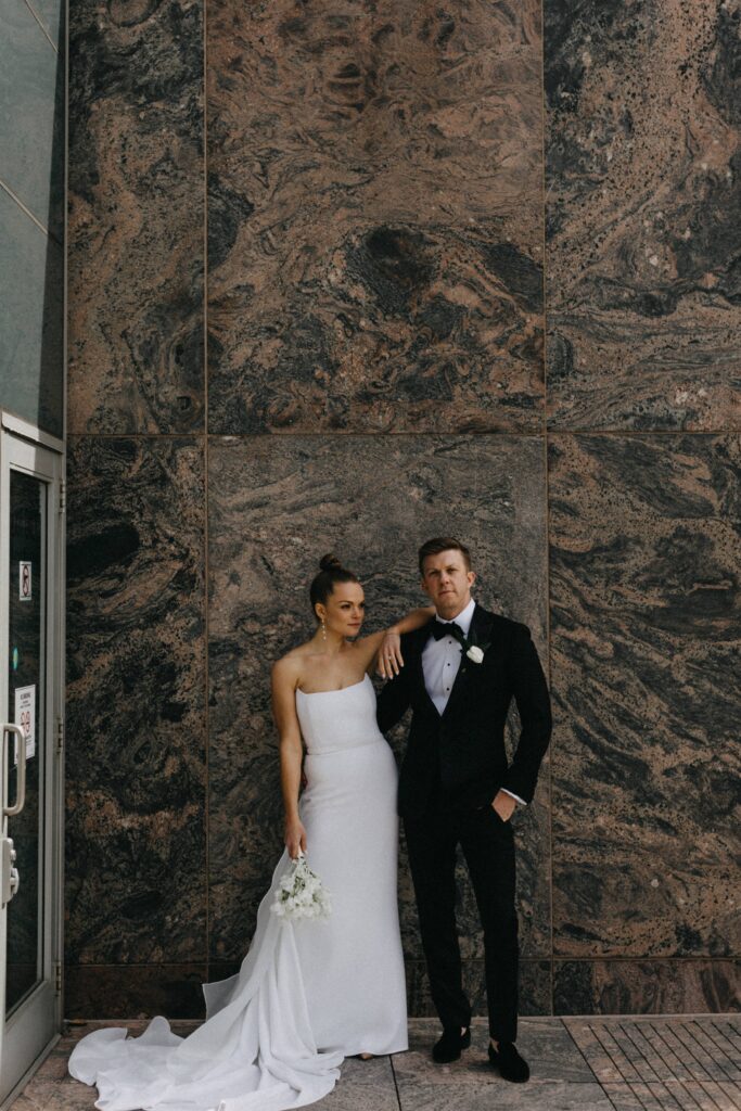 Bride and groom portraits at Adler Planetarium.