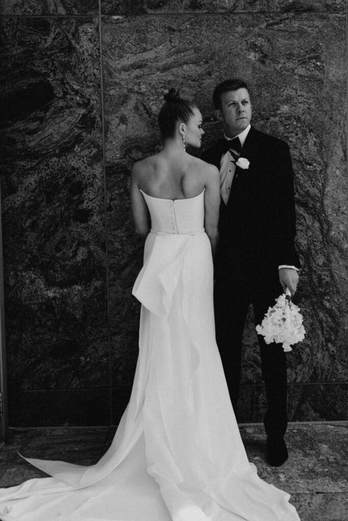 Wedding day portraits at Adler Planetarium.