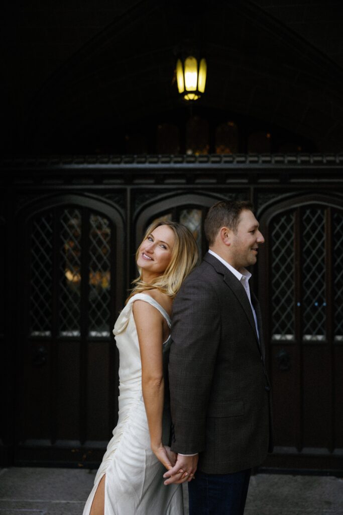 Engagement photos in front of the Harper Memorial Library.