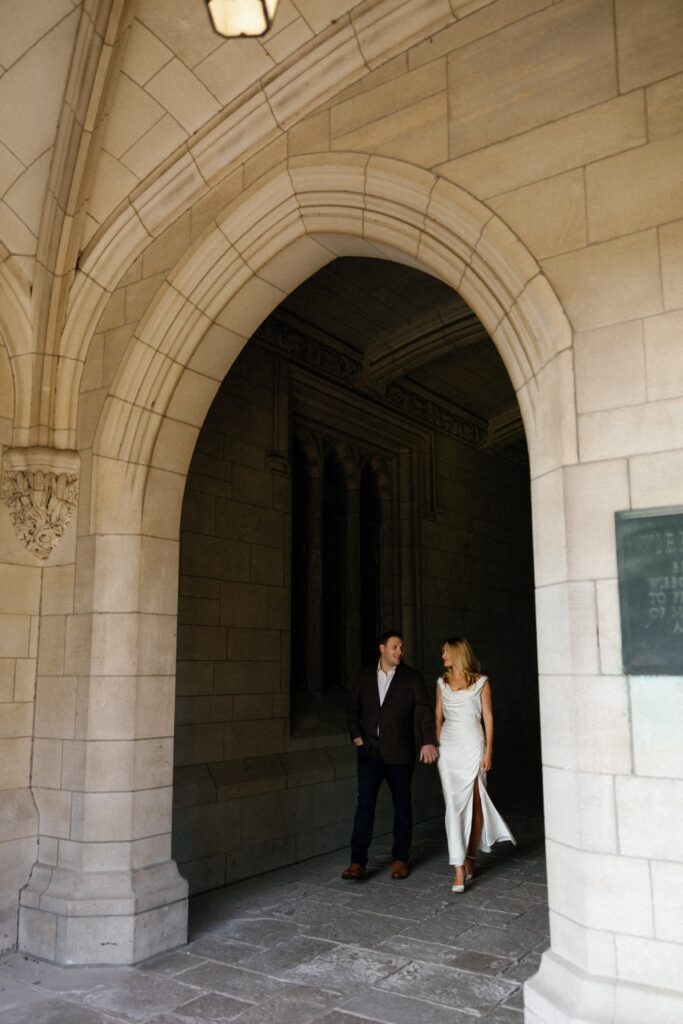 Candid couples session moments at the University of Chicago.