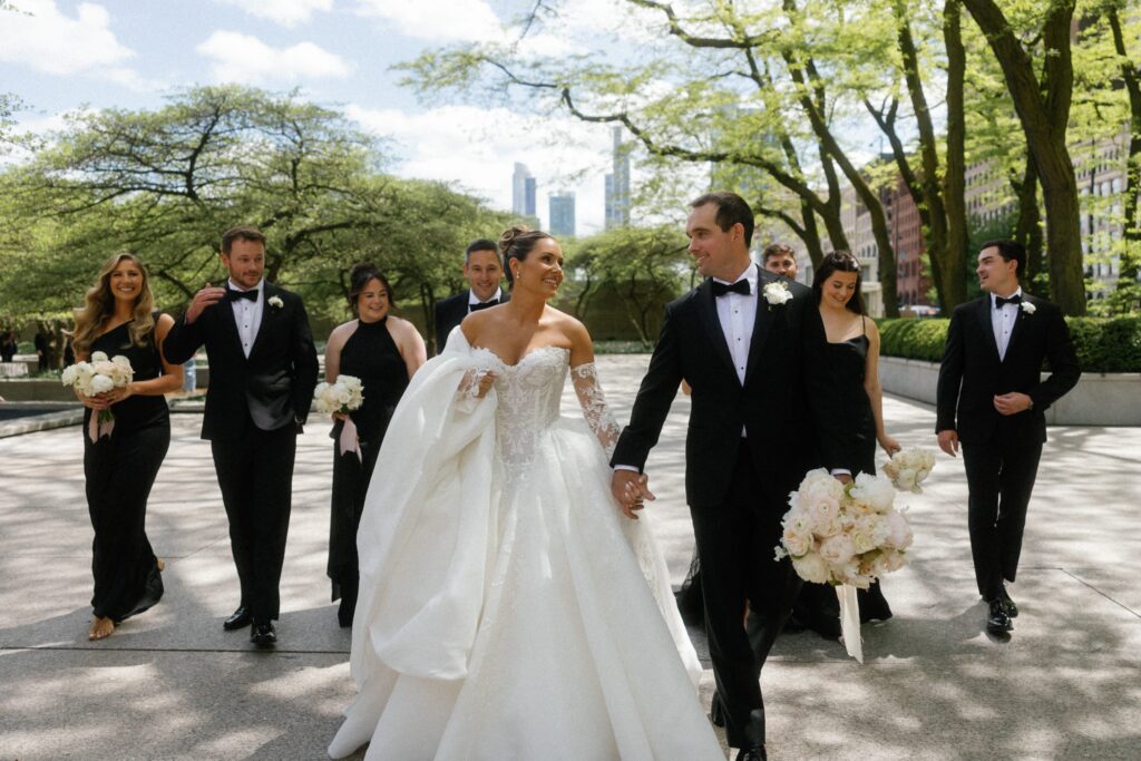 Bridal party walks together in downtown Chicago