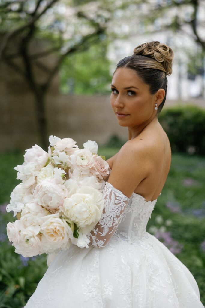 Bride looks into the camera for a bridal portrait