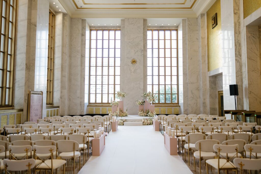 Wedding ceremony setup with floral décor at The Old Post Office in Chicago
