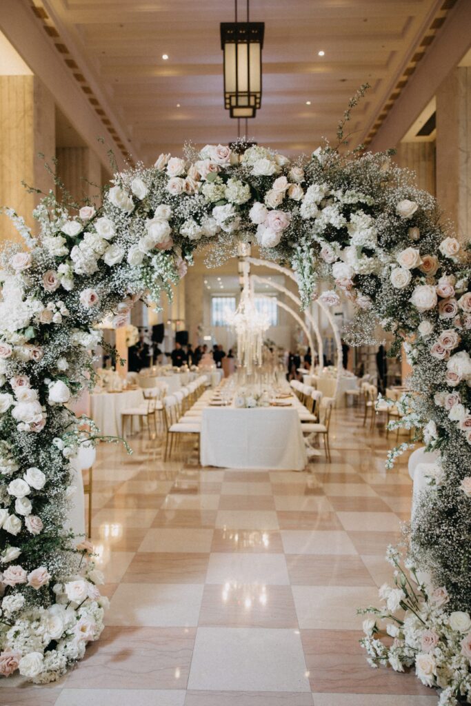 Wedding reception with dramatic lighting and chic wedding décor at The Old Post Office