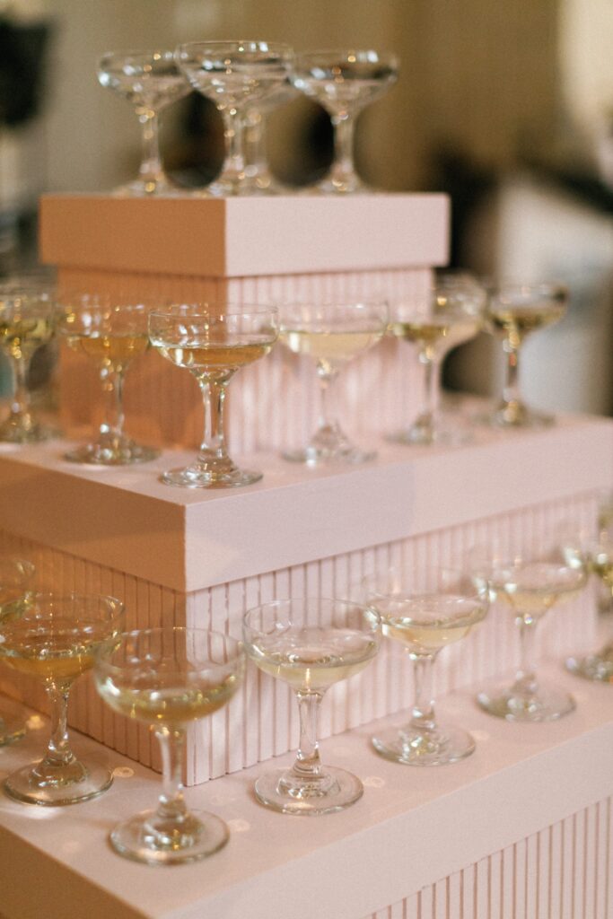 Close up of champagne tower at Chicago wedding reception