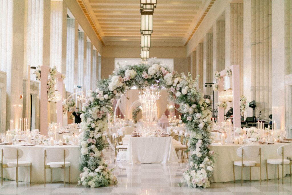 Wedding reception setup with elegant lighting and décor at The Old Post Office