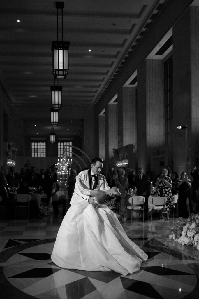 Couple sharing a romantic first dance at The Old Post Office