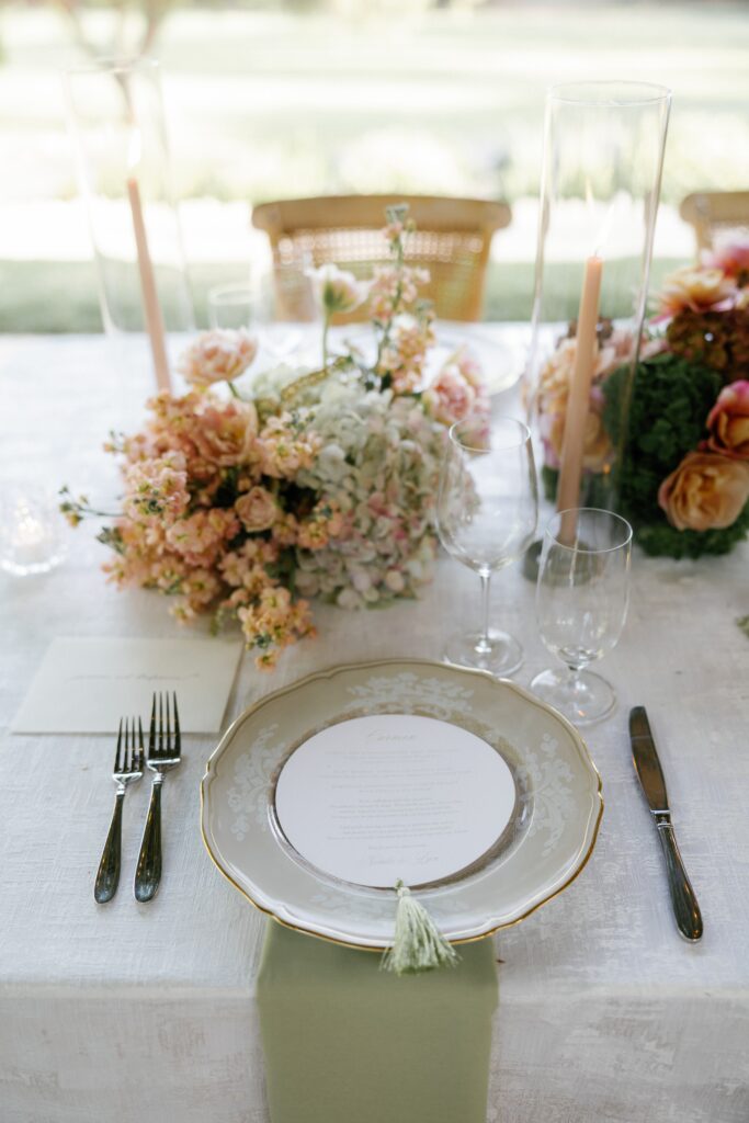 Wedding reception details at Ojai Valley Inn's Orchard Pergola