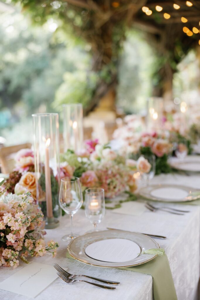 Tablescape details at Ojai Valley Inn wedding reception at the Orchard Pergola